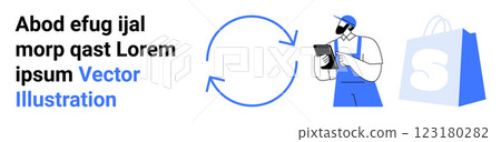 Delivery person holding a tablet and arrows indicating process flow, accompanied by a shopping bag icon. Ideal for logistics, e-commerce, delivery services, online shopping, digital marketing Delivery person holding a tablet and arrows indicating process flow, accompanied by a shopping bag icon. Ideal for logistics, e-commerce, delivery services, online shopping, digital marketing 123180282