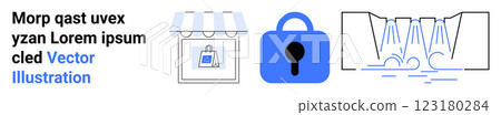 Consists of a storefront with a price tag, a padlock representing security, and data flow lines. Ideal for online shopping, security, e-commerce, data protection, and technology websites. Landing 123180284