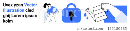 Person holding a baby, a security lock, and a hand holding wet papers. Ideal for family care, security, data protection, privacy, and document management. Landing page 123180285