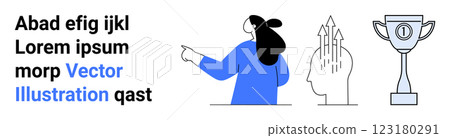 A person pointing, a head with an upward arrow graph, and a trophy symbolizing achievement. Ideal for business growth, success, motivation, innovation, and leadership. Landing page 123180291