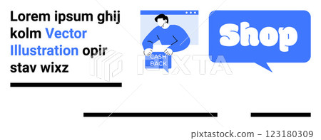 Includes a person receiving cashback, a blue Shop text in a speech bubble, and placeholder text. Ideal for e-commerce, online shopping, digital marketing, promotional offers, mobile applications 123180309