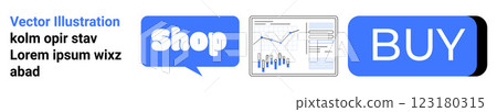 Text with blue Shop button in speech bubble, analytics graph, and blue BUY button. Ideal for online shopping, data analytics, digital marketing, e-commerce, business strategy. Landing page Text with blue Shop button in speech bubble, analytics graph, and blue BUY button. Ideal for online shopping, data analytics, digital marketing, e-commerce, business strategy. Landing page 123180315