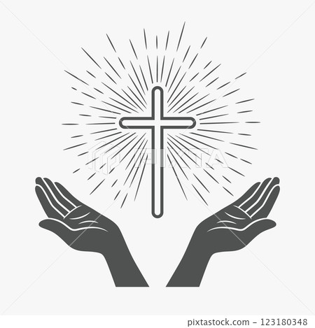 Black and White Open Hands with Cross and Divine Light, Symbol of Faith and Prayer. Design Template for Church Logo. Prayer, Religion Concept Monochrome Cut Out Silhouette Icon. Vector Illustration Black and White Open Hands with Cross and Divine Light, Symbol of Faith and Prayer. Design Template for Church Logo. Prayer, Religion Concept Monochrome Cut Out Silhouette Icon. Vector Illustration 123180348