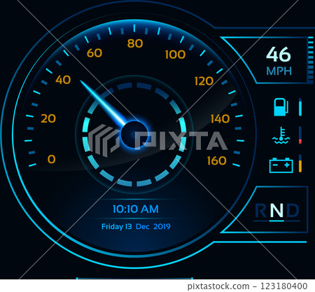 Futuristic speedometer displaying 46 miles per hour at 10,10 AM on Friday, December 13, 2019, featuring indicators for fuel, temperature, and battery levels in a sleek, modern design Futuristic speedometer displaying 46 miles per hour at 10,10 AM on Friday, December 13, 2019, featuring indicators for fuel, temperature, and battery levels in a sleek, modern design 123180400