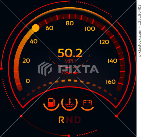 Futuristic speedometer featuring illuminated orange and red markings, displaying 50.2 mph at 2,41 am, alongside fuel, temperature, and battery indicators, highlighting automotive performance Futuristic speedometer featuring illuminated orange and red markings, displaying 50.2 mph at 2,41 am, alongside fuel, temperature, and battery indicators, highlighting automotive performance 123180402