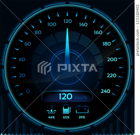 Futuristic glowing blue speedometer displaying 120 kilometers per hour, featuring coolant, fuel, and battery indicators, set against a dark background for a striking visual effect 123180405