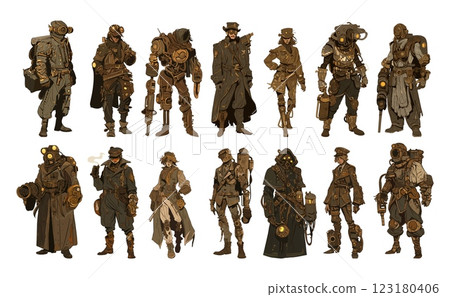 Steampunk characters cartoon vector set. Boots woman mans tubes android goggles gears, bandits smuggles cloak thugs criminal assassins victorian lords epoch persons, isolated illustrations 123180406