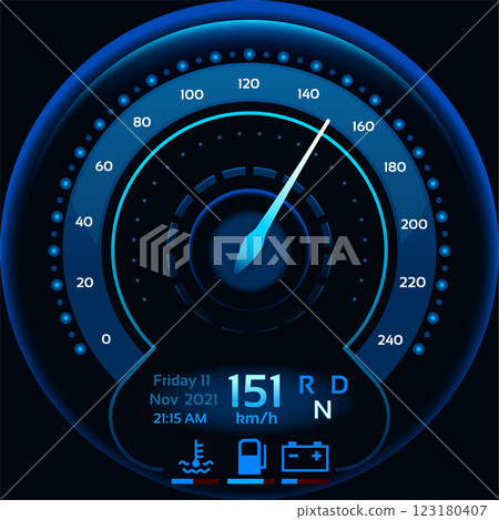 Futuristic speedometer showing 151 kilometers per hour on a car dashboard with date, time, coolant temperature, fuel level and battery charge indicator 123180407