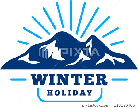 Winter holiday logo featuring snowy mountain peaks with sun shining above, perfect for travel agencies and winter resorts promoting vacations and tourism Winter holiday logo featuring snowy mountain peaks with sun shining above, perfect for travel agencies and winter resorts promoting vacations and tourism 123180409