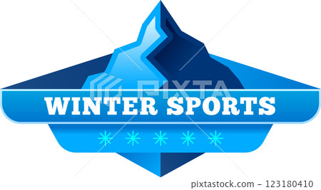 Stylized blue and white logo represents winter sports with snowy mountain peak rising above a horizontal banner with text and decorative snowflakes 123180410