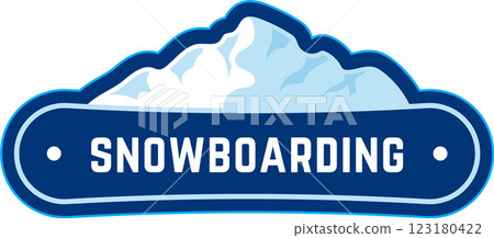 Snowboarding logo showcasing a snowy mountain peak above a vibrant blue banner featuring text, ideal for businesses in winter sports and adventure industries 123180422