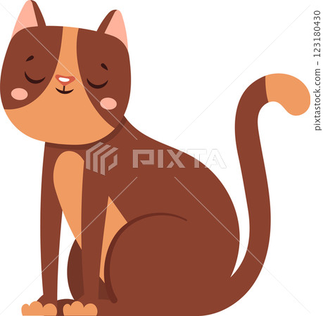Adorable brown cat sitting peacefully with closed eyes, gently raising its tail, embodying a heartwarming and tranquil atmosphere, radiating comfort and warmth 123180430