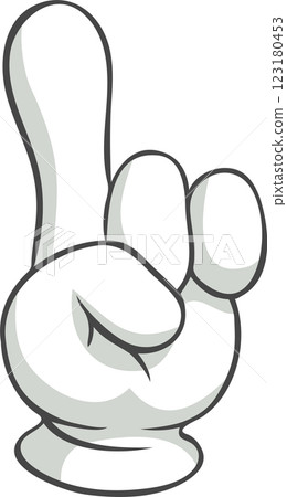 Cartoon hand wearing a white glove is making a gesture with the index finger pointing upwards, symbolizing attention, direction, or giving instructions 123180453