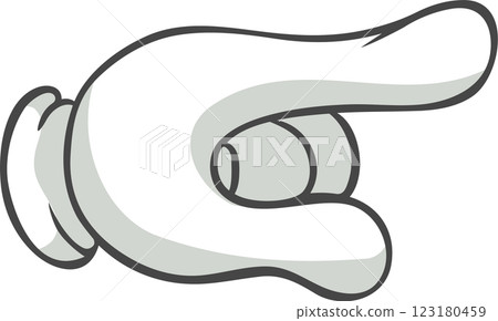 Cartoon hand featuring an extended index finger pointing right, set against a clean white background, perfect for conveying ideas of communication and directional guidance 123180459