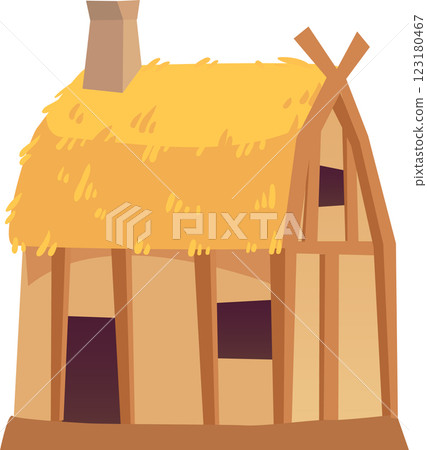 Small medieval house with thatched roof, chimney, wooden structure and small windows, representing the simple living in the countryside during the Middle Ages 123180467