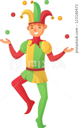 Cheerful jester juggling colorful balls, wearing a traditional costume with a hat and bells, smiling and entertaining audience with his performance 123180472