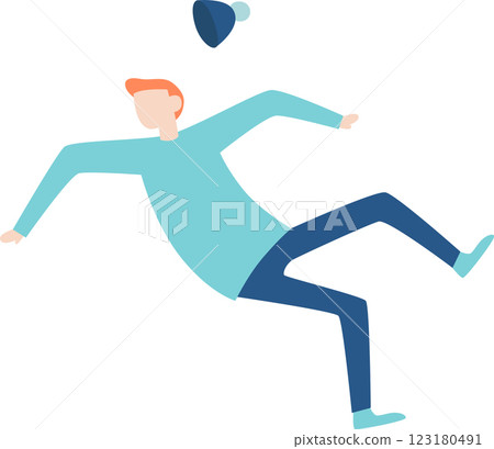 Young man with light blue sweater and dark blue pants falling down on the ground after slipping, losing his hat in the process, representing clumsiness and accidents in a humorous way 123180491