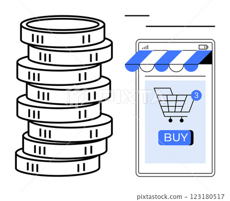 Digital storefront with shopping cart and buy button beside stacked coins. Ideal for e-commerce, digital transactions, online shopping, financial technology, and virtual marketplaces. Simple modern Digital storefront with shopping cart and buy button beside stacked coins. Ideal for e-commerce, digital transactions, online shopping, financial technology, and virtual marketplaces. Simple modern 123180517