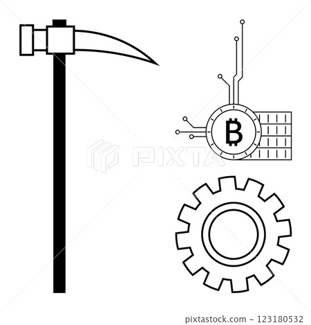 Black and white image showing a pickaxe representing mining, a gear symbolizing industry and productivity, and a Bitcoin symbol with circuit lines. Ideal for cryptocurrency, blockchain, technology Black and white image showing a pickaxe representing mining, a gear symbolizing industry and productivity, and a Bitcoin symbol with circuit lines. Ideal for cryptocurrency, blockchain, technology 123180532