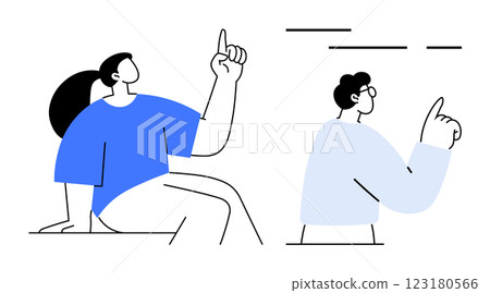 Two simplified characters, one seated and one standing, point upwards, suggesting ideas or attention. Ideal for creativity, teamwork, brainstorming, education, and communication themes. Simple, clean Two simplified characters, one seated and one standing, point upwards, suggesting ideas or attention. Ideal for creativity, teamwork, brainstorming, education, and communication themes. Simple, clean 123180566
