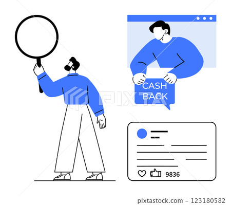 Man holding a magnifying glass, another person demonstrating cashback offer, social media post with likes and comments. Ideal for marketing, e-commerce, social media, online shopping, digital Man holding a magnifying glass, another person demonstrating cashback offer, social media post with likes and comments. Ideal for marketing, e-commerce, social media, online shopping, digital 123180582