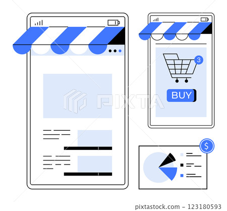 Two mobile screens with a storefront, shopping cart with notification, and a chart. Ideal for E-commerce, online shopping, mobile app, digital marketing, retail analysis. Flat vector style 123180593