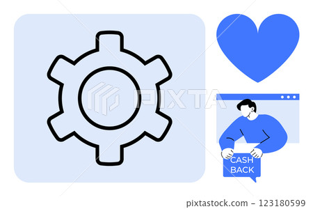 Black gear icon on light blue background, blue heart, person in front of screen showing cashback. Ideal for e-commerce, technology, love, cashback offers, and online shopping supporters. Minimalist 123180599
