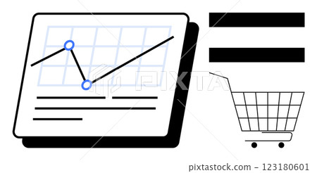 Graph with data points indicating sales trends. Shopping cart icon represents an ecommerce theme. Ideal for business analysis, sales forecasting, ecommerce, marketing strategies, and financial 123180601