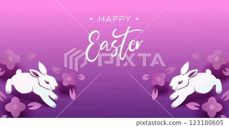 Happy Easter Bunny banner. Trendy Easter design with typography, spring purple gradient colors, flowers and white bunny. Modern minimal style. Horizontal sale poster, greeting card, marketing template Happy Easter Bunny banner. Trendy Easter design with typography, spring purple gradient colors, flowers and white bunny. Modern minimal style. Horizontal sale poster, greeting card, marketing template 123180605