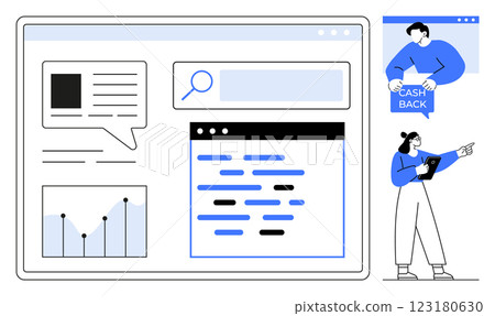 Large computer screen displaying a business dashboard with graphs and charts. Person holding tablet, another person holding cashback sign. Two details about cashback. Ideal for business analysis Large computer screen displaying a business dashboard with graphs and charts. Person holding tablet, another person holding cashback sign. Two details about cashback. Ideal for business analysis 123180630