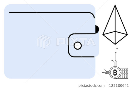 A light blue digital wallet with minimalistic design. Includes line art of an smart contract icon and a Bitcoin symbol with circuit patterns. Ideal for digital finance, cryptocurrency, blockchain A light blue digital wallet with minimalistic design. Includes line art of an smart contract icon and a Bitcoin symbol with circuit patterns. Ideal for digital finance, cryptocurrency, blockchain 123180641