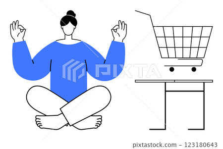 Person meditates in a calm pose next to a shopping cart. Ideal for themes like mindfulness, online shopping, balance, stress relief, consumerism. Clean minimalist style 123180643