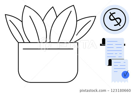 Simple plant in pot, receipt with verified checkmark, and dollar sign symbol. Ideal for budgeting, finance, eco-friendliness, sustainability, home decor. Line art style 123180660