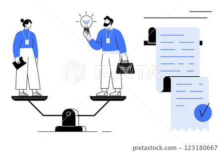Two people on a balance scale exchange ideas and hold documents. Ideal for themes of teamwork, balance, idea sharing, professional comparison, and document verification. Modern minimalist style 123180667