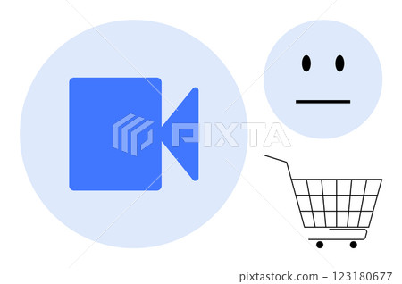 Blue video camera symbol, neutral face, and shopping cart outline on white background. Ideal for multimedia, communication, online shopping, emotions, graphic design. Simple minimal vector style Blue video camera symbol, neutral face, and shopping cart outline on white background. Ideal for multimedia, communication, online shopping, emotions, graphic design. Simple minimal vector style 123180677