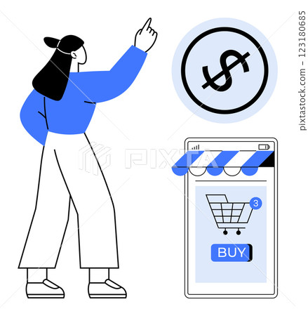 A woman points at a dollar symbol while an online shopping interface with a Buy button and a shopping cart icon is displayed on a mobile device screen. Ideal for e-commerce, financial transactions 123180685