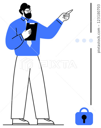 A bearded man in blue shirt with clipboard points towards a lock symbol. Ideal for business presentations cybersecurity training instructional materials digital security IT education. Minimalistic 123180703