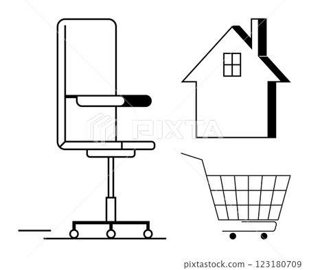 An office chair, house, and shopping cart in black and white drawing. Ideal for themes of office furniture, home living, online shopping, minimalism, and lifestyle design. Simple, modern design 123180709