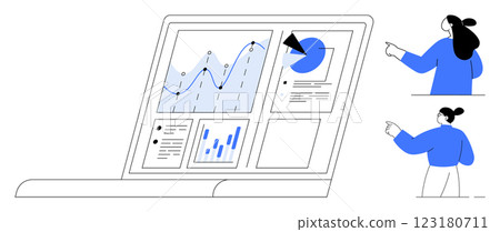 A laptop screen displaying charts and graphs is viewed by two people. Ideal for data analysis, business presentations, teamwork, digital marketing, and statistical reporting. Simple line art 123180711