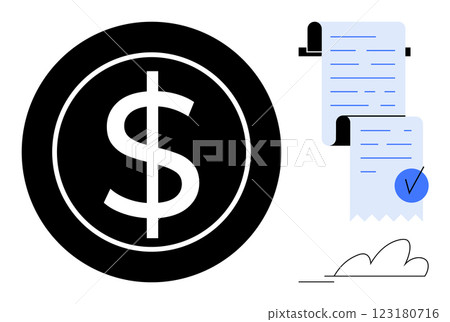 Large black dollar sign and a detailed receipt with a blue checkmark. Ideal for finance, budgeting, transactions, payments, receipts, accounting. Modern flat style Large black dollar sign and a detailed receipt with a blue checkmark. Ideal for finance, budgeting, transactions, payments, receipts, accounting. Modern flat style 123180716