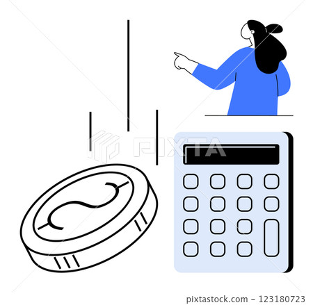 Woman pointing to the right, with coin and calculator. Ideal for finance, accounting, budgeting, economics, financial education. Simple lines style with blue and black colours 123180723