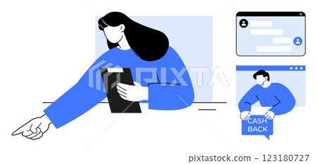 Woman holding a clipboard pointing, chat window with message bubbles, and a person holding a cashback sign. Ideal for customer service, online communication, cashback offers, digital marketing 123180727