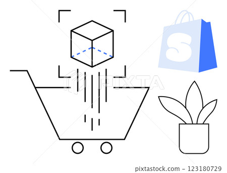 A shopping cart with a 3D cube, a blue and white shopping bag, and a plant. Ideal for e-commerce, online shopping, 3D product visualization, retail technology, and digital marketing. Line art style A shopping cart with a 3D cube, a blue and white shopping bag, and a plant. Ideal for e-commerce, online shopping, 3D product visualization, retail technology, and digital marketing. Line art style 123180729