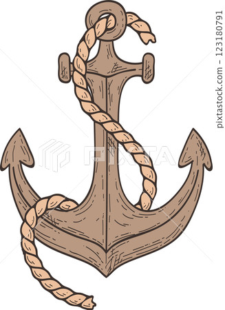 Vintage hand drawn anchor featuring rope intricately wrapped around it, isolated on a white background, perfect for enhancing maritime themed designs and evoking a sense of adventure 123180791