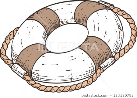 Hand drawn illustration of a lifebuoy with a rope, evoking themes of safety, rescue, and survival in a maritime setting, ideal for projects related to seafaring, emergencies, and assistance Hand drawn illustration of a lifebuoy with a rope, evoking themes of safety, rescue, and survival in a maritime setting, ideal for projects related to seafaring, emergencies, and assistance 123180792