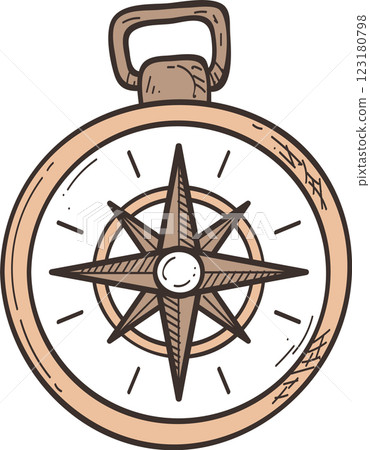 Hand drawn illustration of a vintage compass, featuring a detailed wind rose and a sturdy handle, evoking a sense of exploration and discovery 123180798