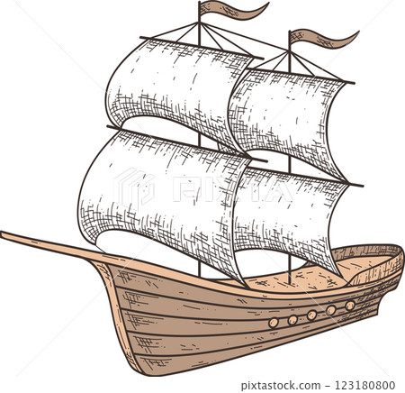 Hand drawn illustration of a vintage sailing ship, majestically navigating the open sea with its sails unfurled, flags waving in the wind, capturing the spirit of exploration and adventure 123180800