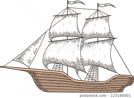 Hand drawn illustration depicting a caravel, a small, maneuverable sailing ship used by the Portuguese and Spanish for exploration and trade during the 15th to 17th centuries Hand drawn illustration depicting a caravel, a small, maneuverable sailing ship used by the Portuguese and Spanish for exploration and trade during the 15th to 17th centuries 123180801