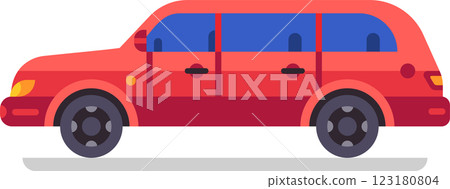 Red limousine car featuring tinted windows, parked against a white background, showcasing a luxurious vehicle designed for elegant transportation services and VIP travel 123180804