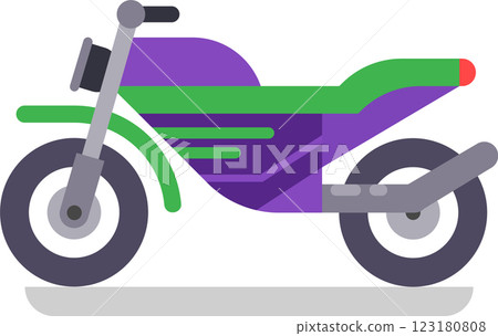Modern purple and green motorcycle with gray wheels and exhaust pipe, parked on a white background, representing transportation, speed, and style 123180808